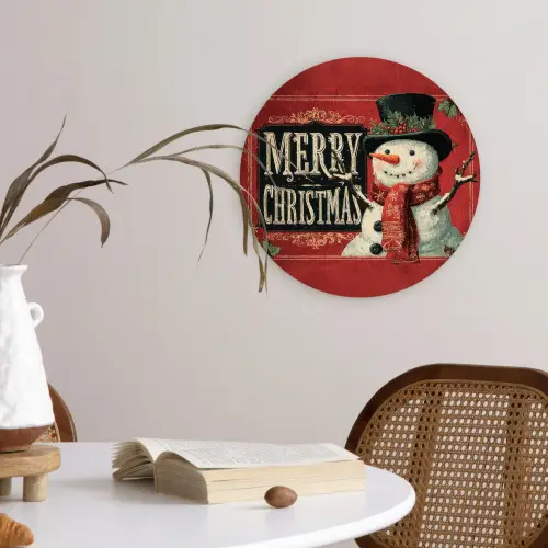 Klassiek - Kerstgroet - Sneeuwpop - Rood Wandcirkel kunststof plaat 5mm dik klein -sfeer4