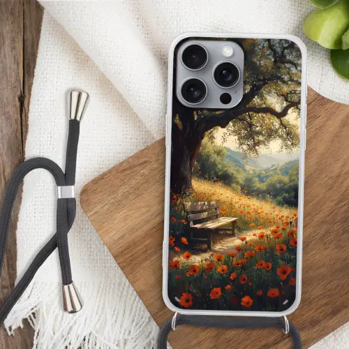 Bankje - Boom - Klaprozen - Heuvels Hoesje iPhone 16 Pro Max met koord klein -sfeer4