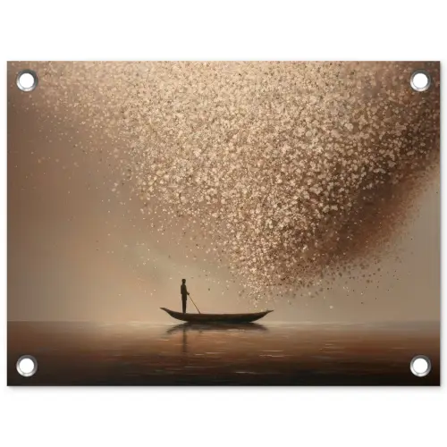 Bootje - Blaadjes - Goud - Water tuinposter los doek klein -3d