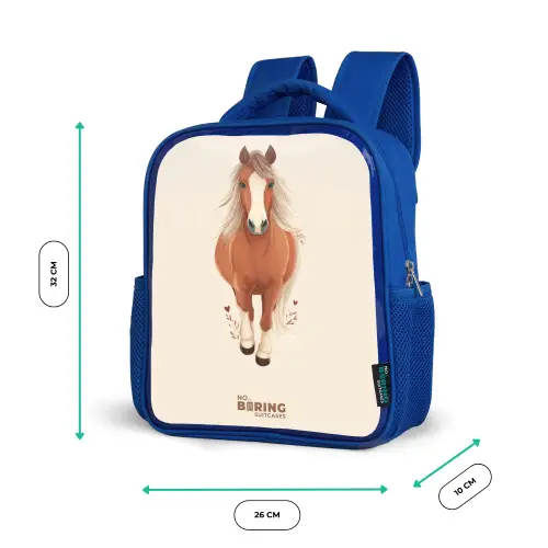 Bruin paard in gallop Kinderrugzak - Blauw middel -productfoto_formaten