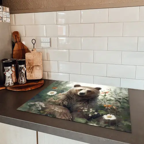 Bruine beer - Wilde dieren - Bloemen - Planten Inductie beschermer vinyl 3mm groot -sfeer3