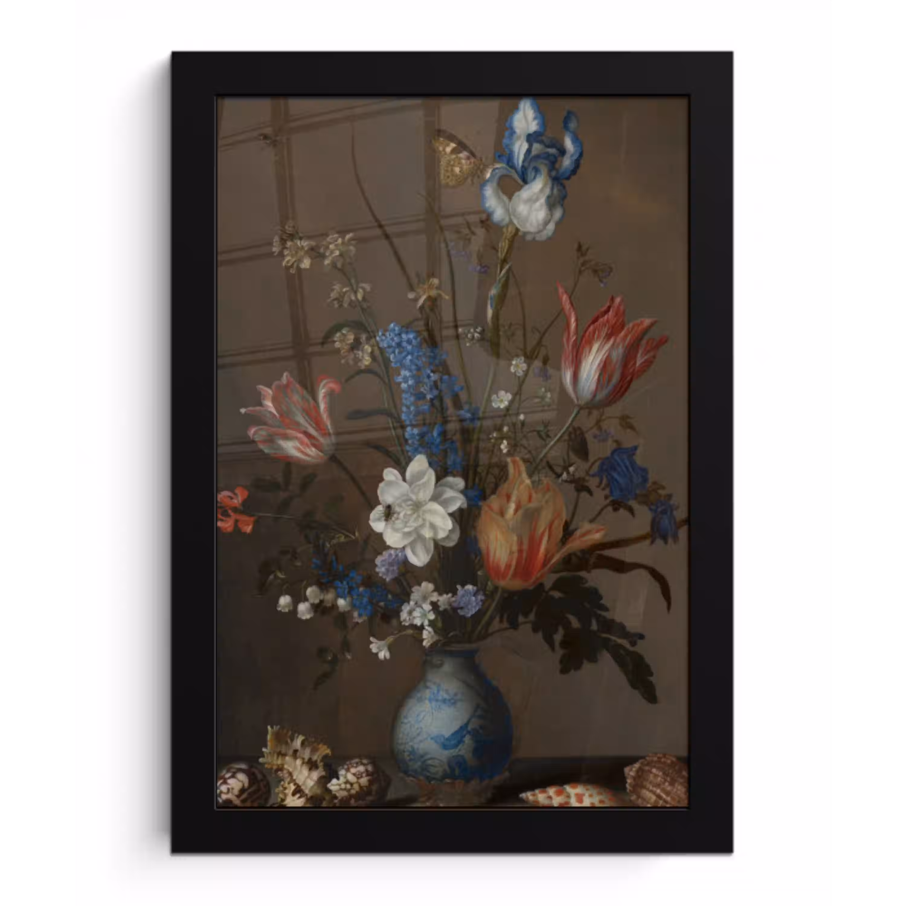 Bloemen in een Wan-Li vaas en schelpen - Schilderij van Balthasar van der Ast fotolijst zwart zonder passe partout klein -3d