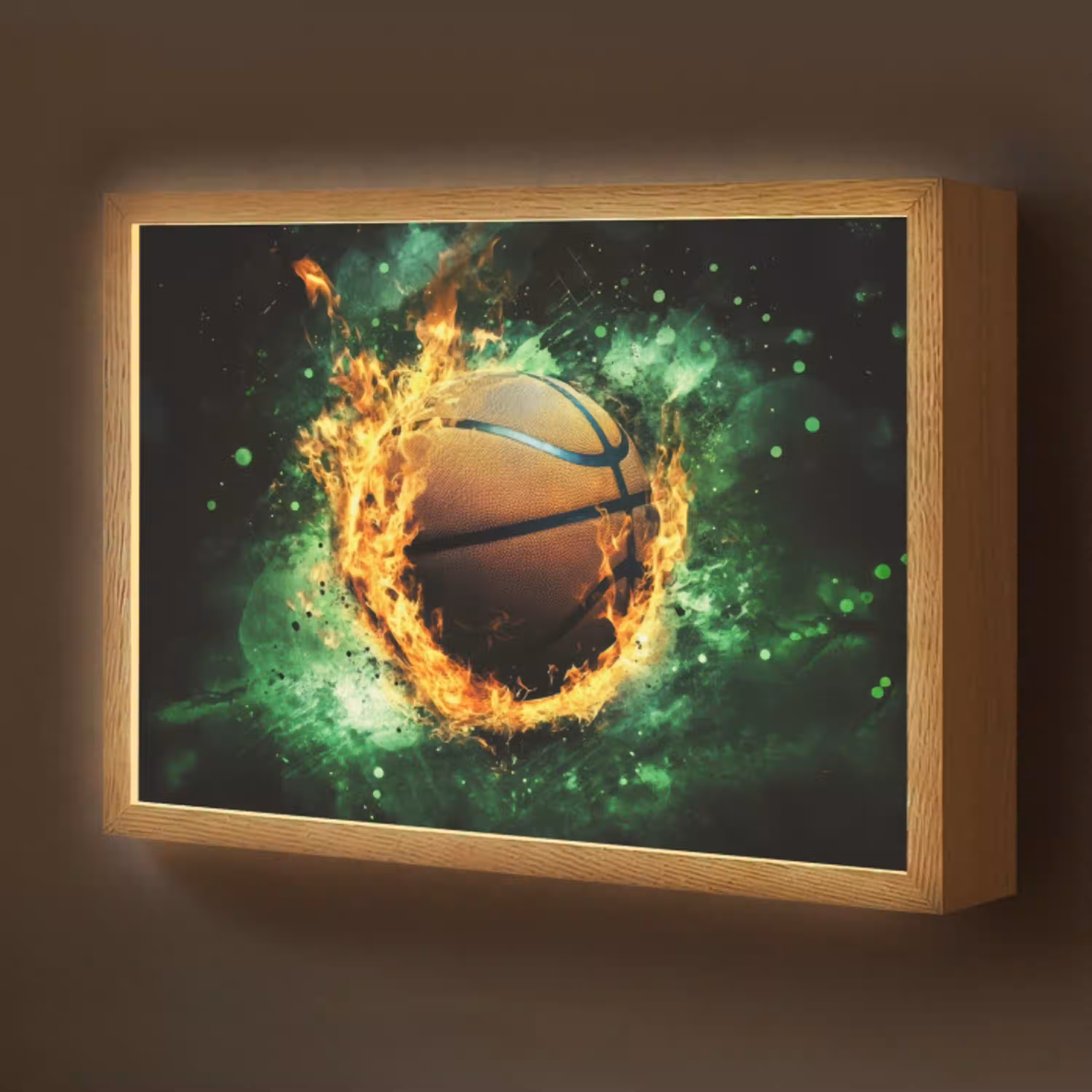 Basketbal - Vuur - Vlammen - Groen Light Box met batterij (Wandlamp kind) middel -z3d_website