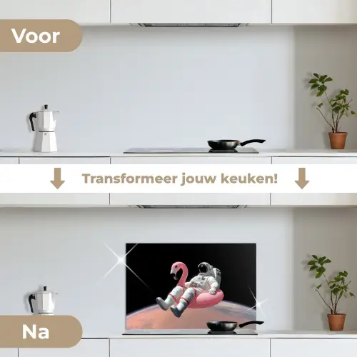 Astronaut - Flamingo - Zwemband - Roze keuken achterwand spatscherm klein -voor_na_NL