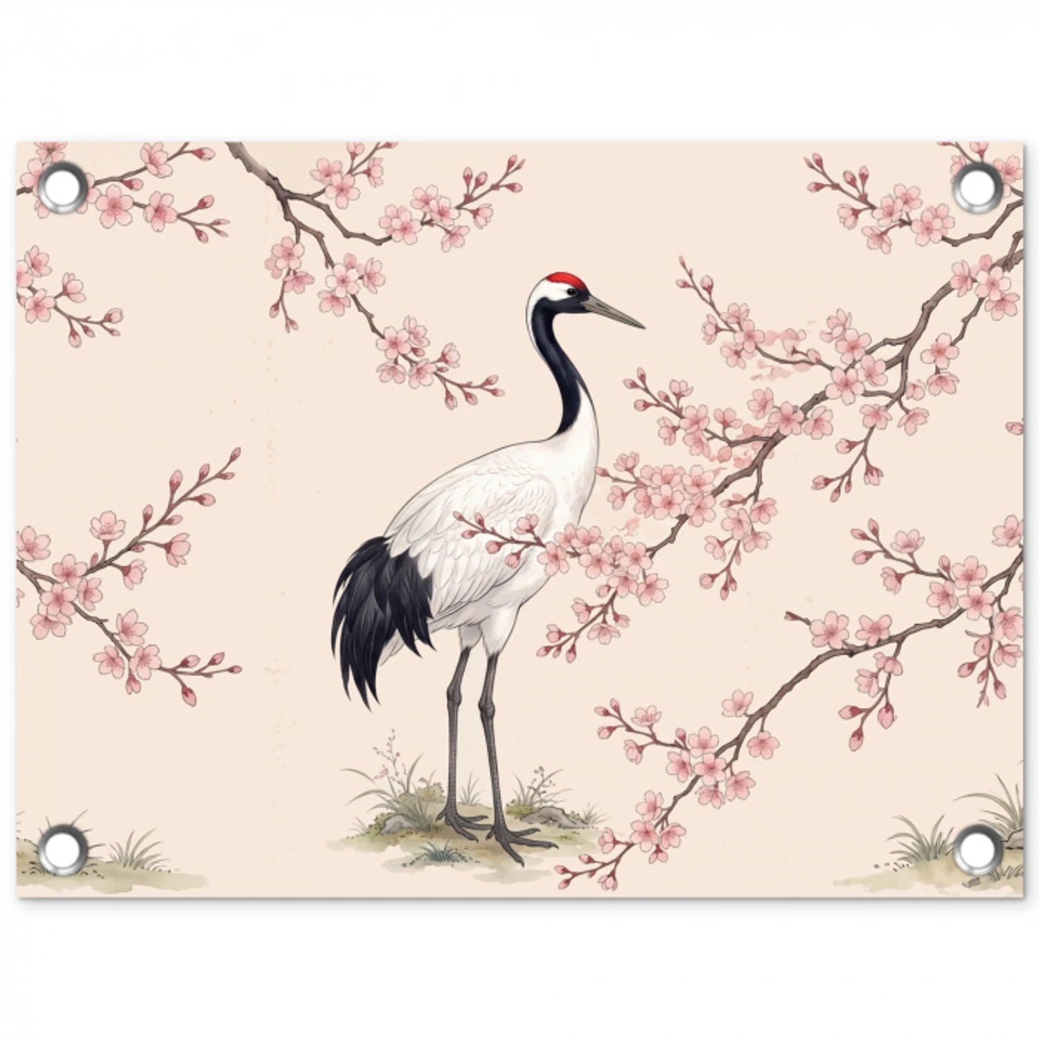 Aziatisch - Kraanvogel - Beige tuinposter los doek klein -3d