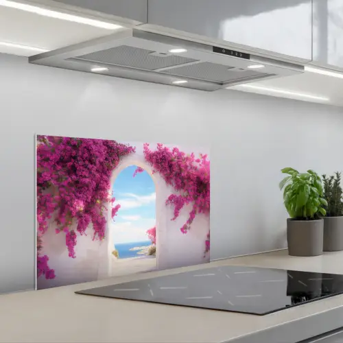 Zee - Roze - Bloemen - Poort keuken achterwand spatscherm klein -3d_schuin