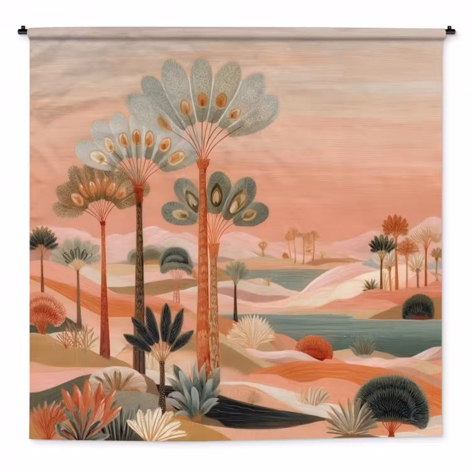 Wandteppich - Rosa Landschaft - Palmen - Wasser