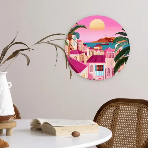 Stad - Roze - Palmbomen Wandcirkel kunststof plaat 5mm dik klein -sfeer4