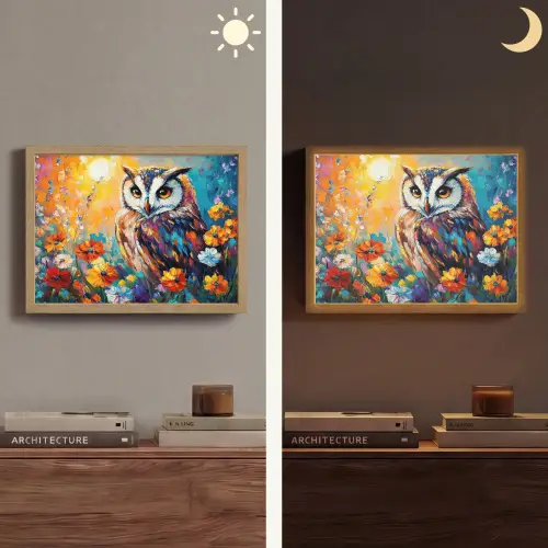 Uil - Bloemen - Kunst - Zonsondergang Light Box met batterij (Wandlamp) middel -sfeer3