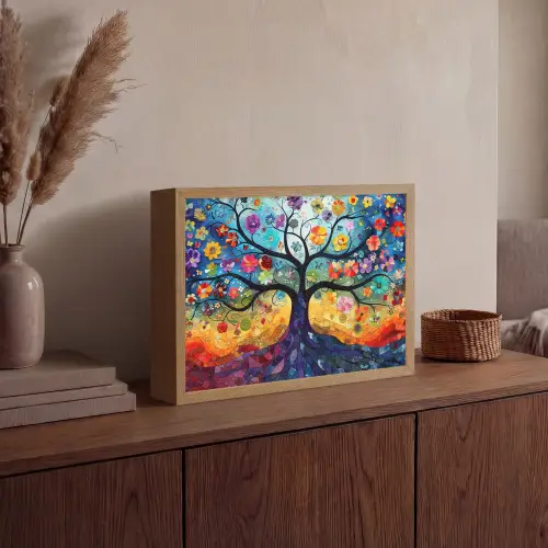 Boom - Kleurrijk - Bloemen - Kunst - Abstract Light Box met batterij (Wandlamp) middel -sfeer2