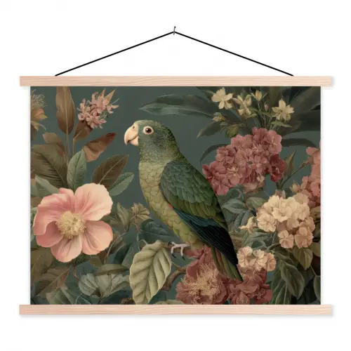 Groene papegaai - Kleurrijke bloemen - Donkere achtergrond textielposter latten blank klein -3d