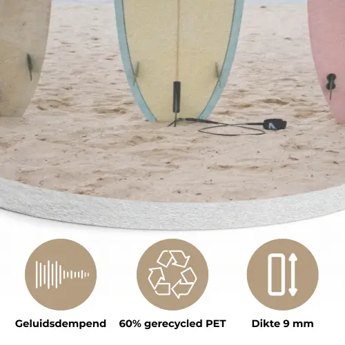 Surfboard - Palmbomen - Kleurrijk Akoestische PET Vilt - Rond klein -closeup_NL