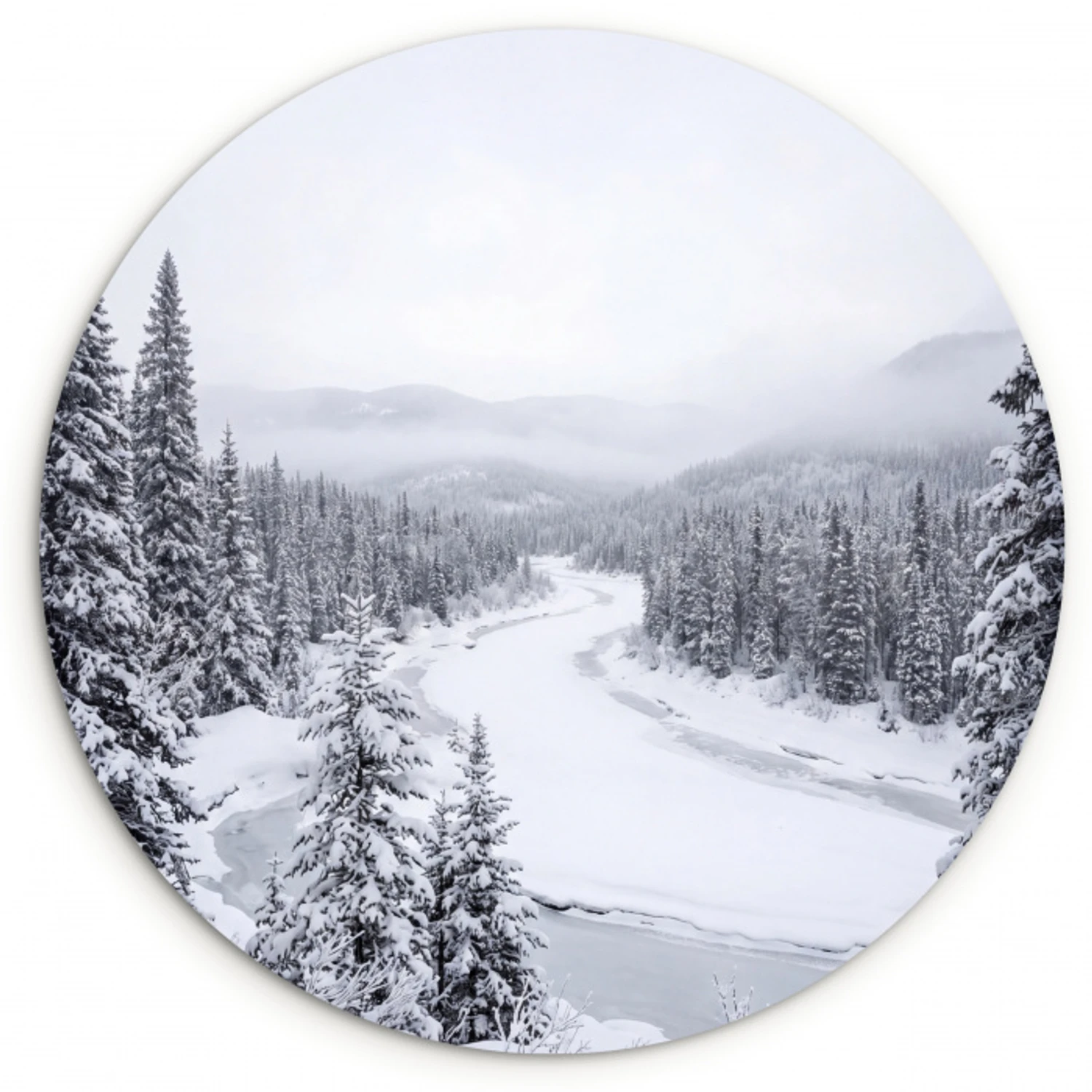 Rivier - Bevroren - Landschap - Winter Wandcirkel kunststof plaat 5mm dik klein -3d