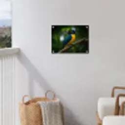 Vogel - Tak - Geel - Bladeren tuinposter los doek klein -sfeer8