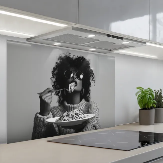 Spatscherm keuken - Vrouw - Pasta - Zwart - Wit