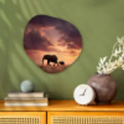 Olifanten - Grasland - Zonsondergang Wandcirkel Organisch Forex 3mm klein -sfeer2