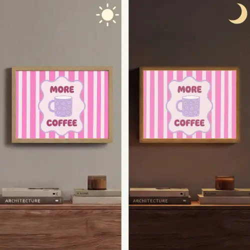 More coffee - Roze - Paars - Strepen - Mok Light Box met batterij (Wandlamp) middel -sfeer3