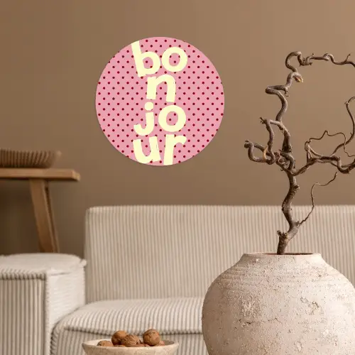 Bonjour - Stippen - Roze- Geel Wandcirkel behangsticker klein -sfeer1
