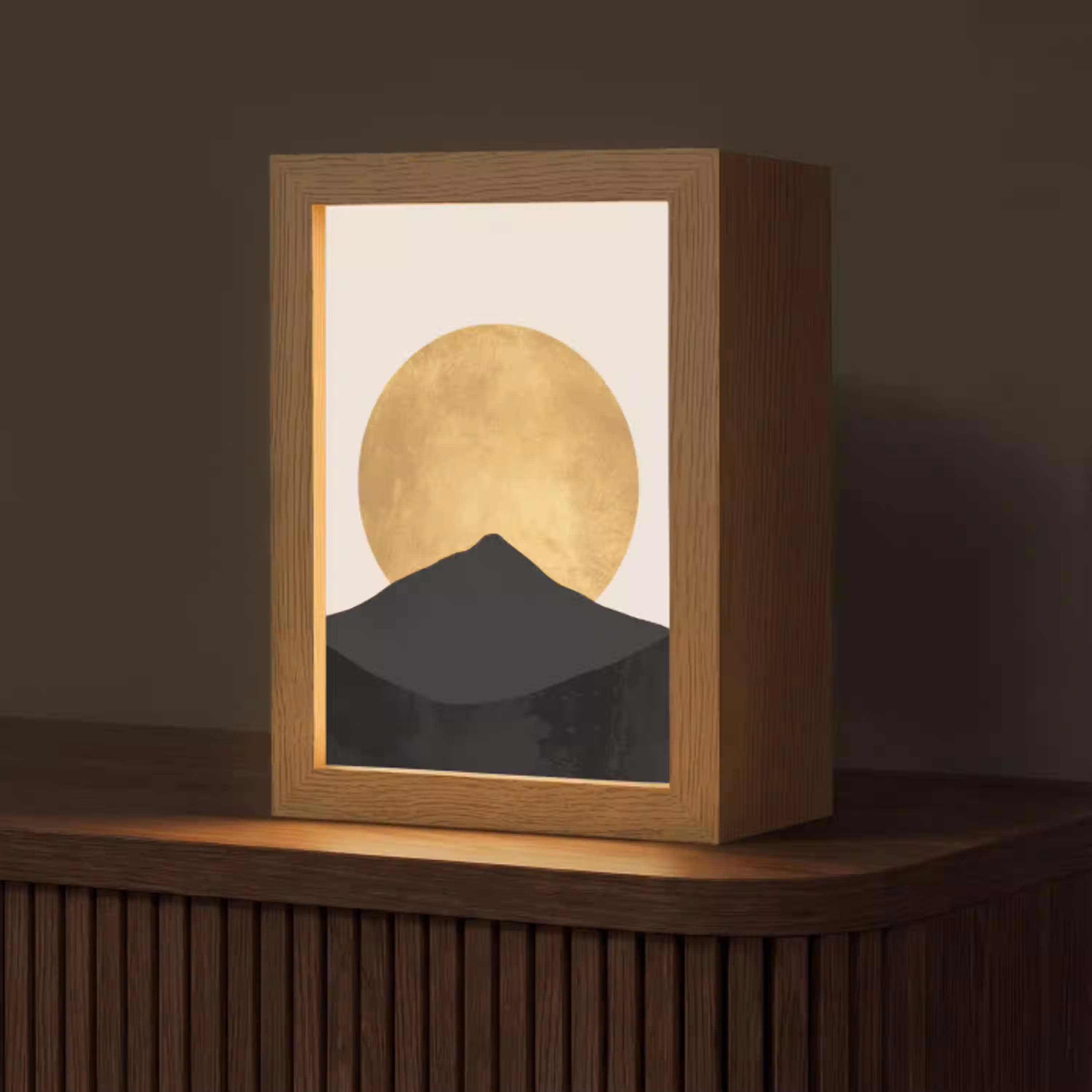 Bergsilhouetten - Gouden cirkel - Beige Light Box met kabel (Tafellamp) klein -z3d_website