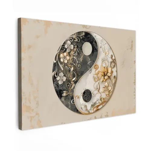 Yin Yang - Bloemen - Zwart - Wit - Vintage canvas 2cm klein -z3d