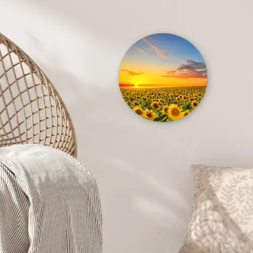 Bloemen - Zonnebloem - Zonsondergang - Nacht - Oranje Wandcirkel kunststof plaat 5mm dik klein -sfeer5
