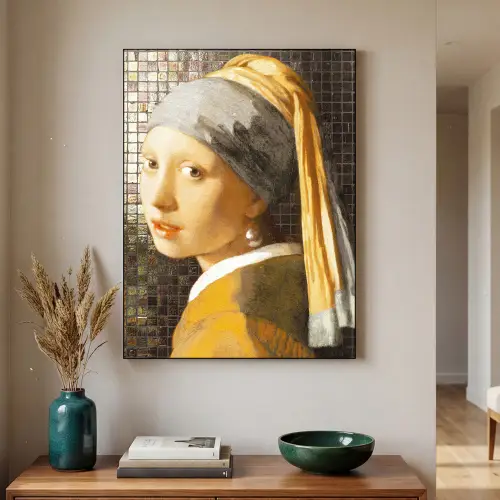 Meisje met de parel - Johannes Vermeer - Mozaïek Textielframe zwart klein -sfeer1