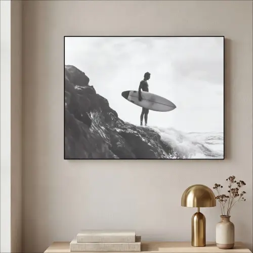 Surfer - Rots - Oceaan - Golven Textielframe zwart klein -sfeer2