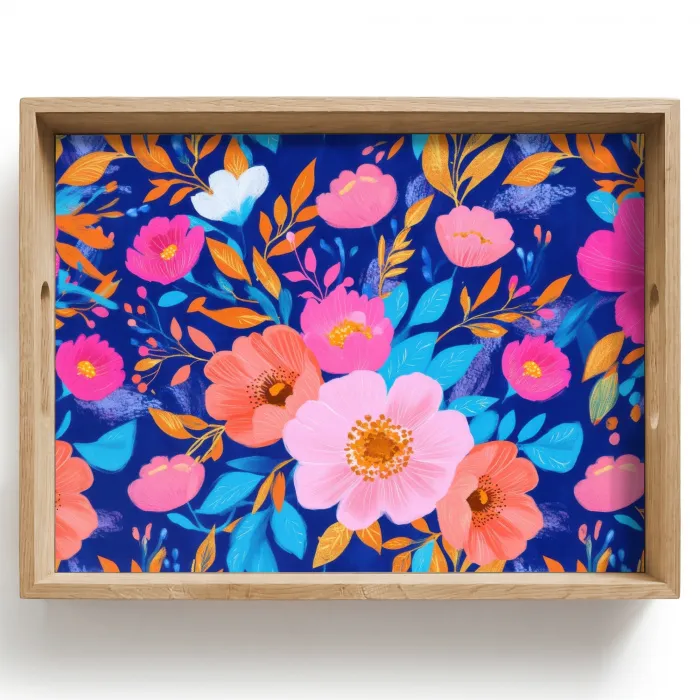 Bloemen - Blauw - Roze Dienblad Rechthoek middel -z3d_shopping