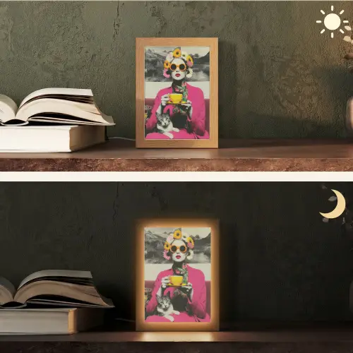 Vrouw - Kat - Bloemen - Kopje - Retro Light Box met kabel (Tafellamp) klein -sfeer3