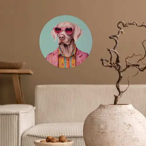 Hond - Overhemd - Bloemen - Bril Wandcirkel behangsticker klein -sfeer1