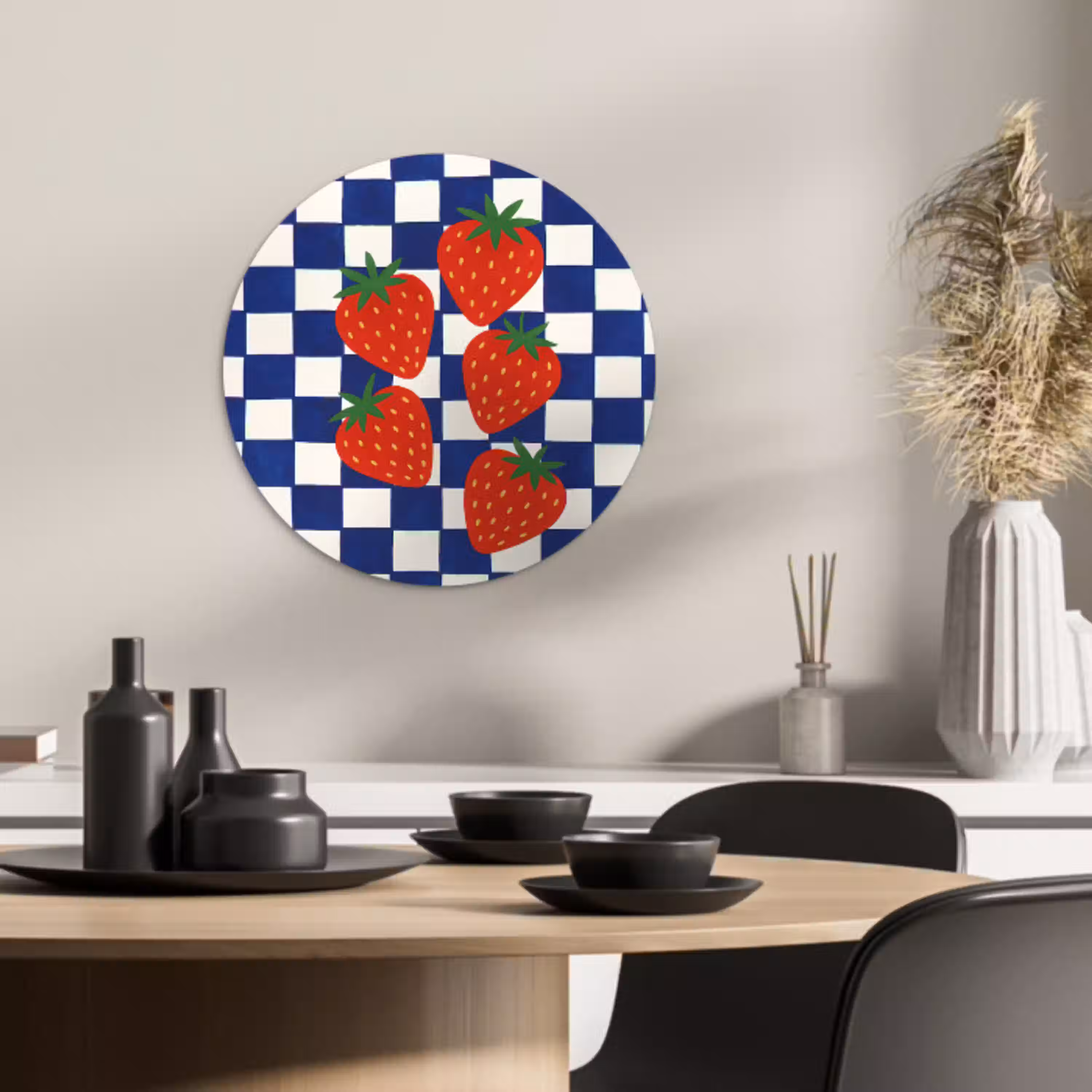 Geblokt - Blauw - Aardbeien KitchenYeah - Keuken - Wandcirkel Forex klein -sfeer2