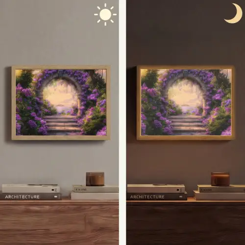Poort - Paars - Bloemen Light Box met batterij (Wandlamp) middel -sfeer3