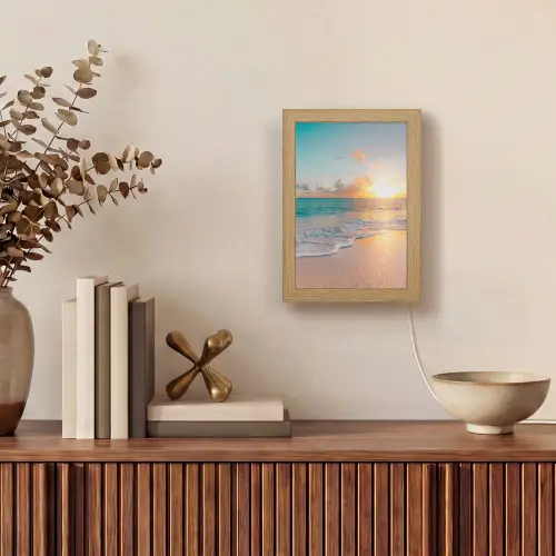 Zonsondergang - Strand - Zee - Zomer - Blauw Light Box met kabel (Tafellamp) klein -sfeer2