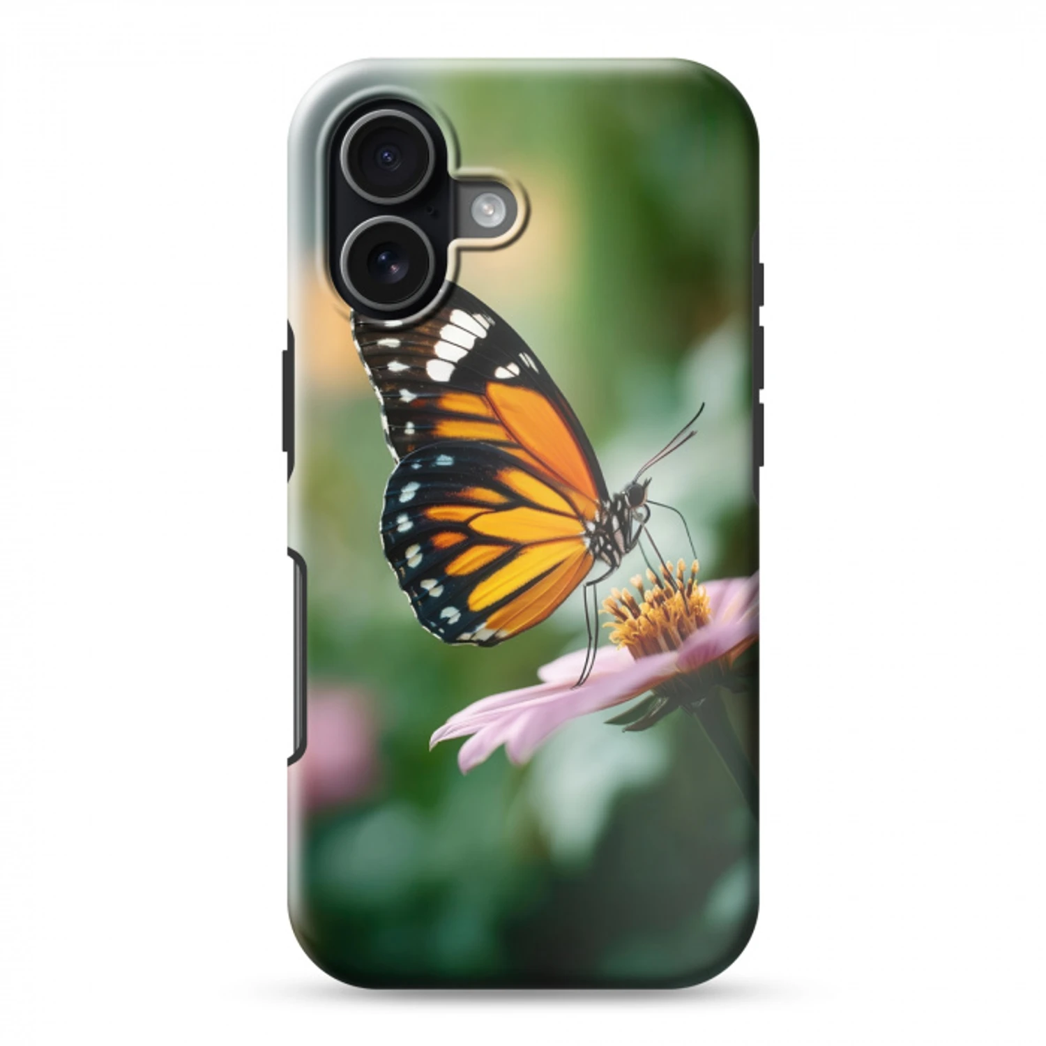 Roze bloemen - Vlinder - Zachte focus Toughcase MagSafe Apple iPhone 17 klein -3d