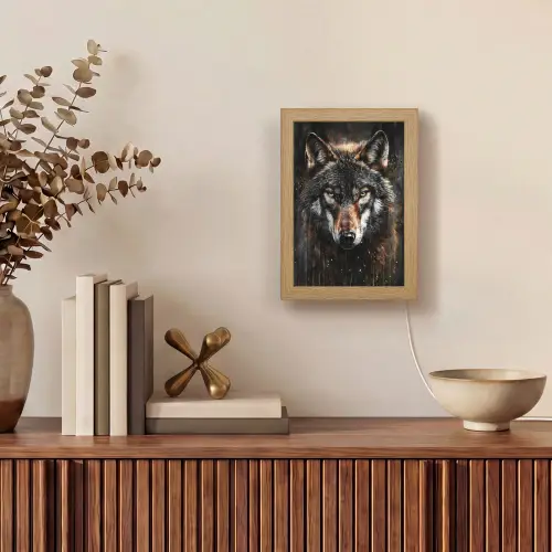 Dieren - Wolf - Portret - Zwart - Bruin Light Box met kabel (Tafellamp) klein -sfeer2