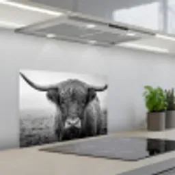 Schotse hooglander - Zwart - Wit - Gras keuken achterwand spatscherm klein -3d_schuin