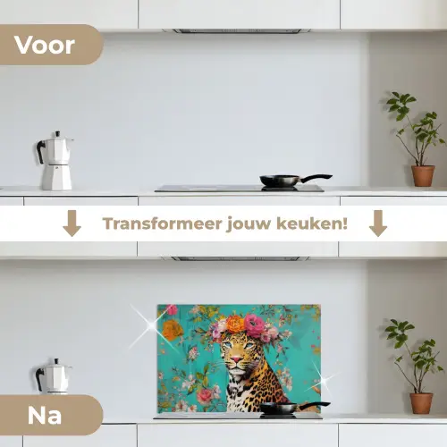 Luipaard - Bloemen - Kroon keuken achterwand spatscherm klein -voor_na_NL