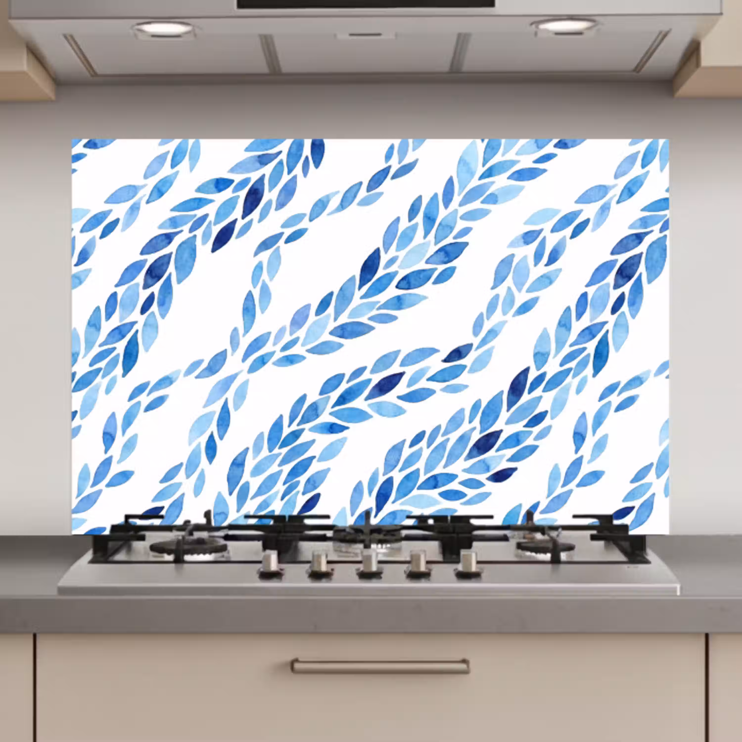 Bladeren - Aquarel - Patroon - Modern - Blauw keuken achterwand spatscherm klein -3d_website