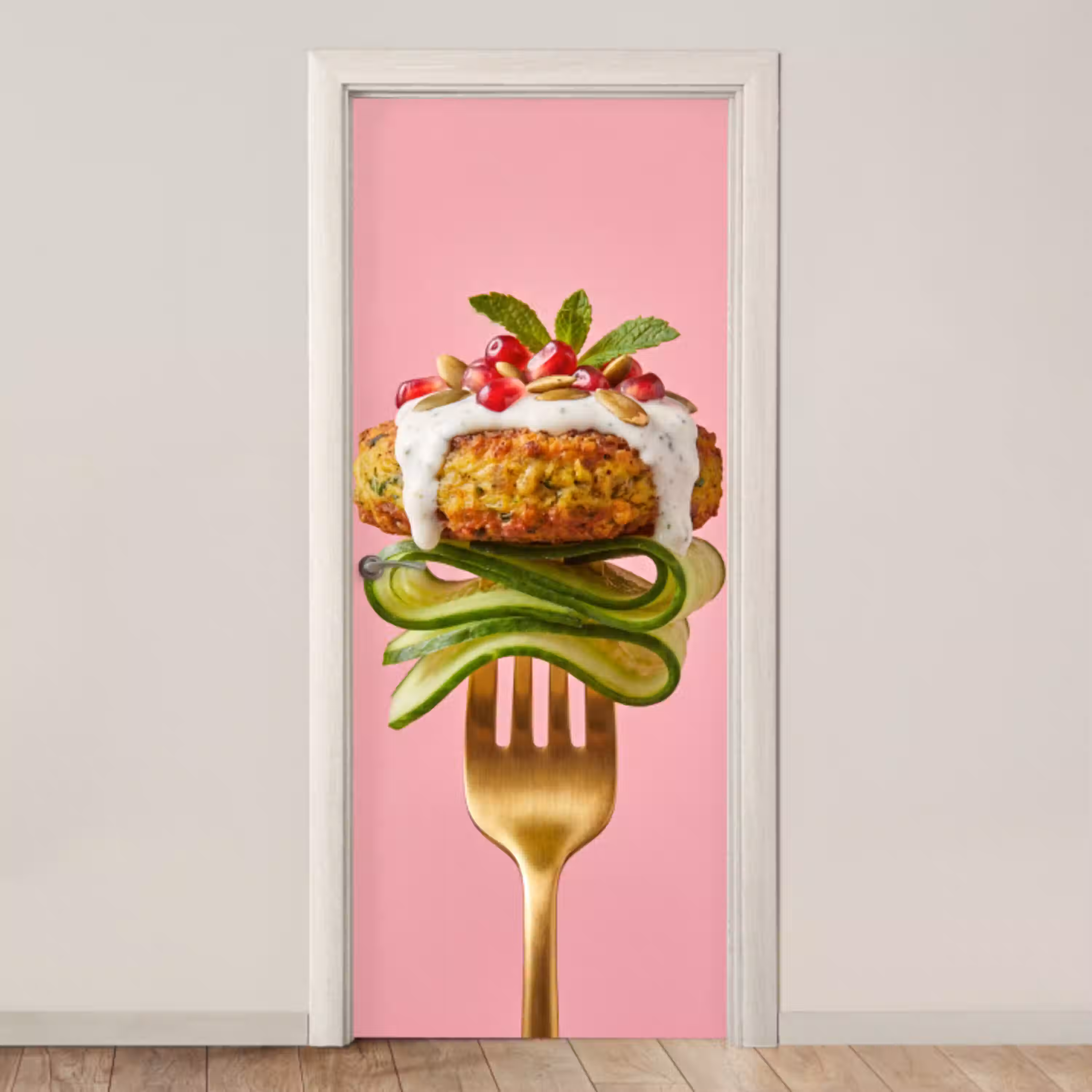 Eten - Vork - Roze deurposter klein -3d_beige
