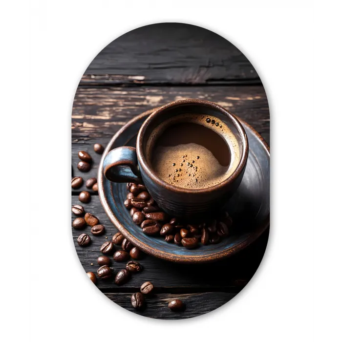 Kop - Koffie - Hout - Bonen Wandcirkel Ovaal Glas middel -3d