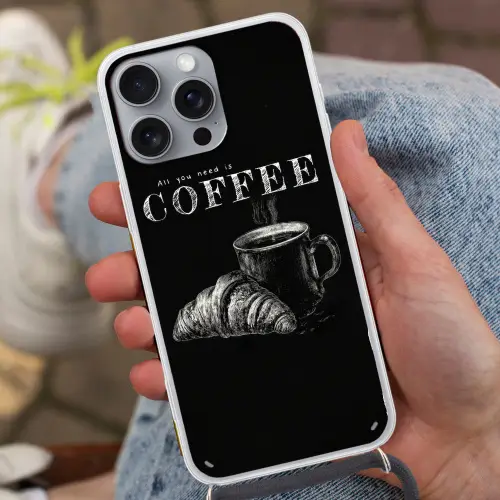 Koffie - Croissant - Tekst Hoesje iPhone 16 Pro Max met koord klein -sfeer3