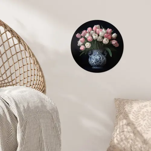 Bloemen - Roze - Tulpen - Vaas Wandcirkel behangsticker klein -sfeer4