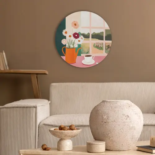 Bloemen - Koffie - Raam Akoestische PET Vilt - Rond klein -sfeer1