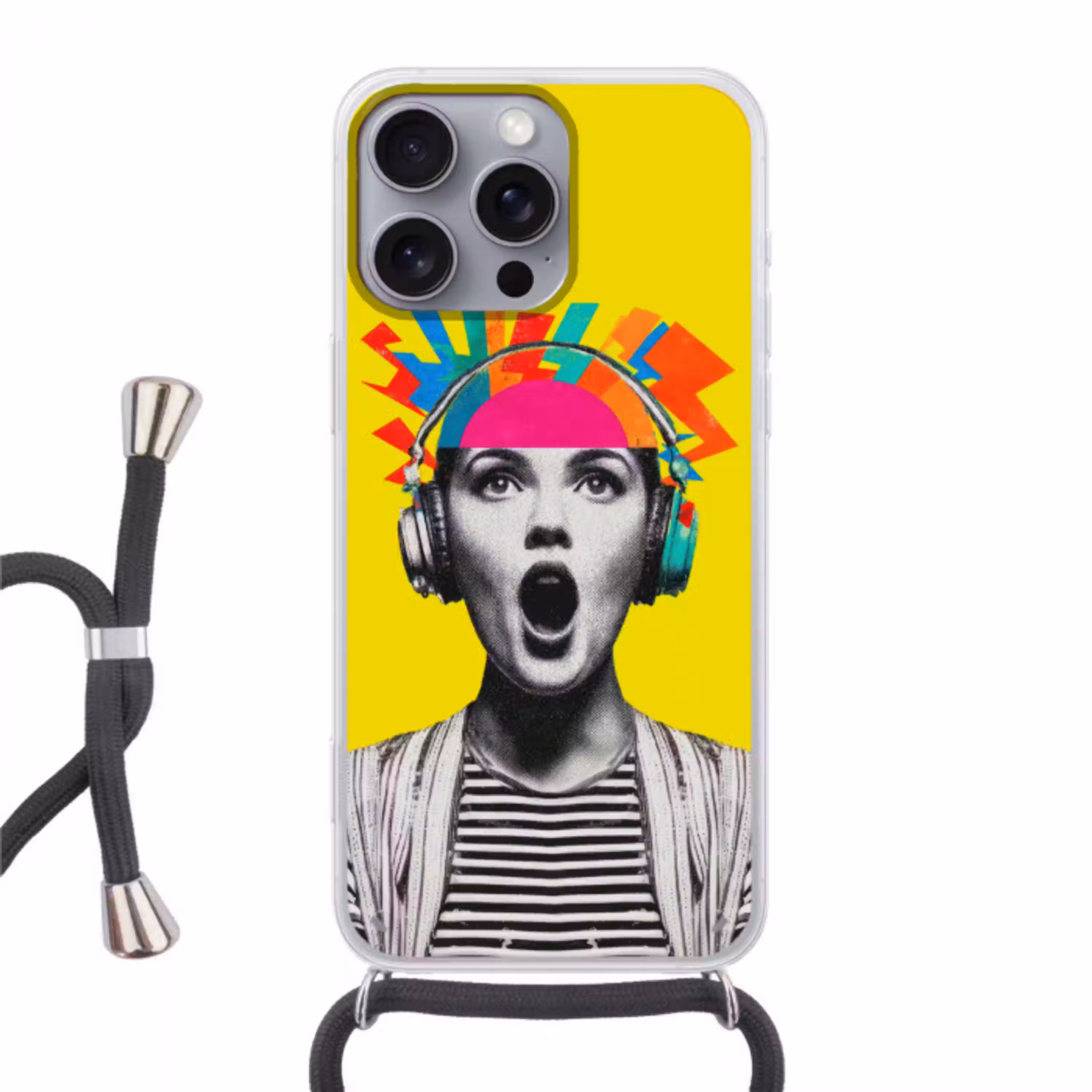 Vrouw - Koptelefoon - Geel Hoesje iPhone 16 Pro Max met koord klein -3d