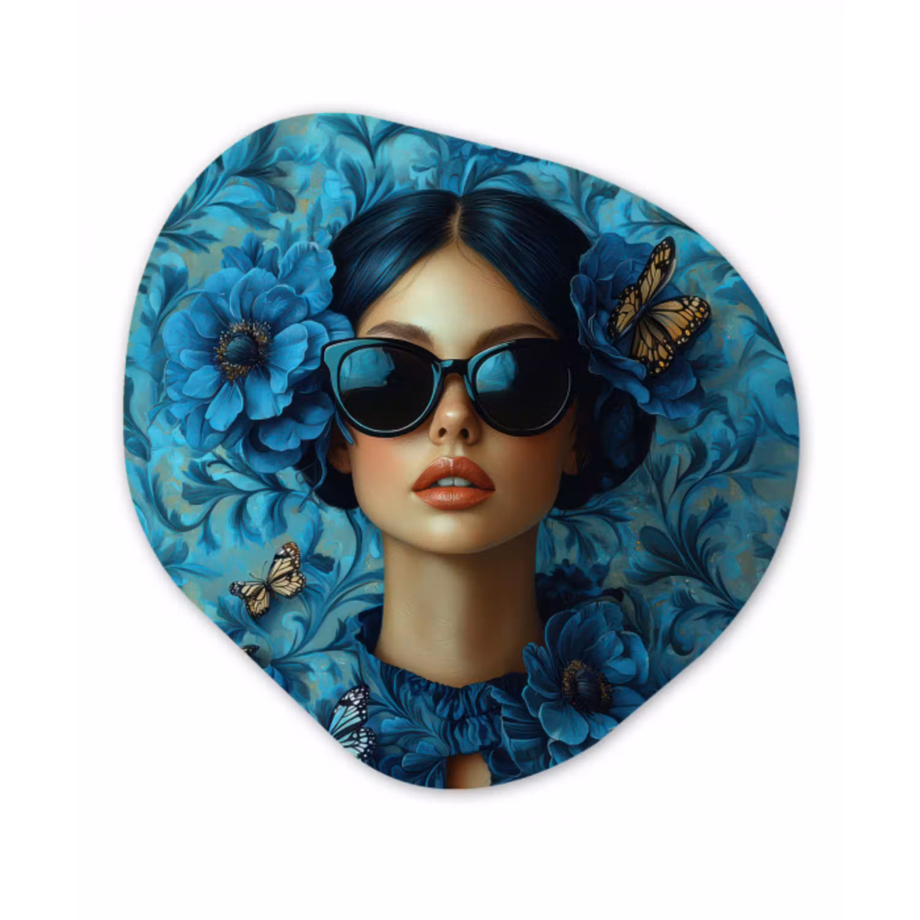 Vrouw - Bloemen - Vlinders - Blauw - Abstract Wandcirkel Organisch Plexiglas middel -3d