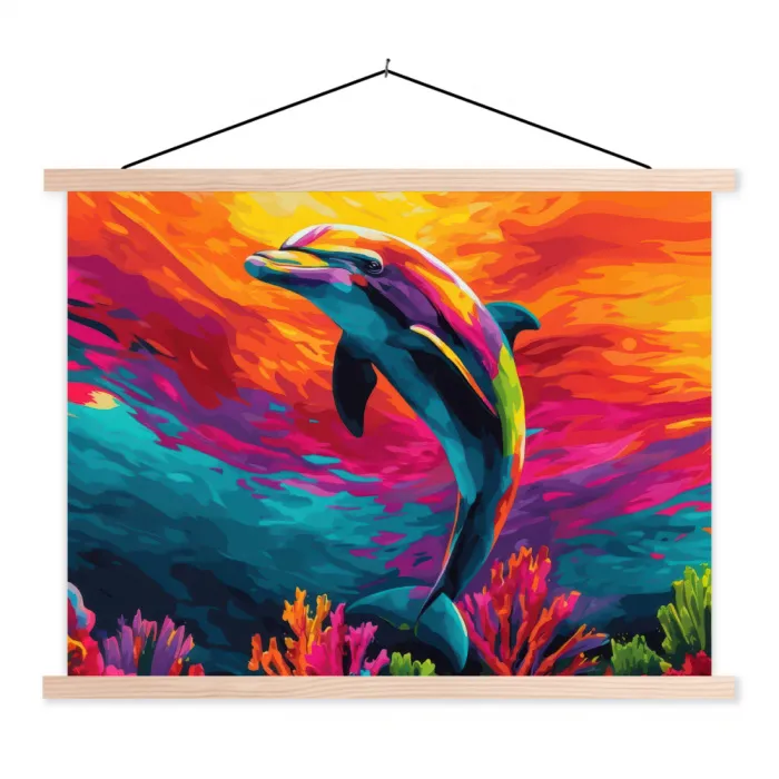 Dolfijn - Kleurrijk - Oceaan - Koraal textielposter latten blank klein -3d