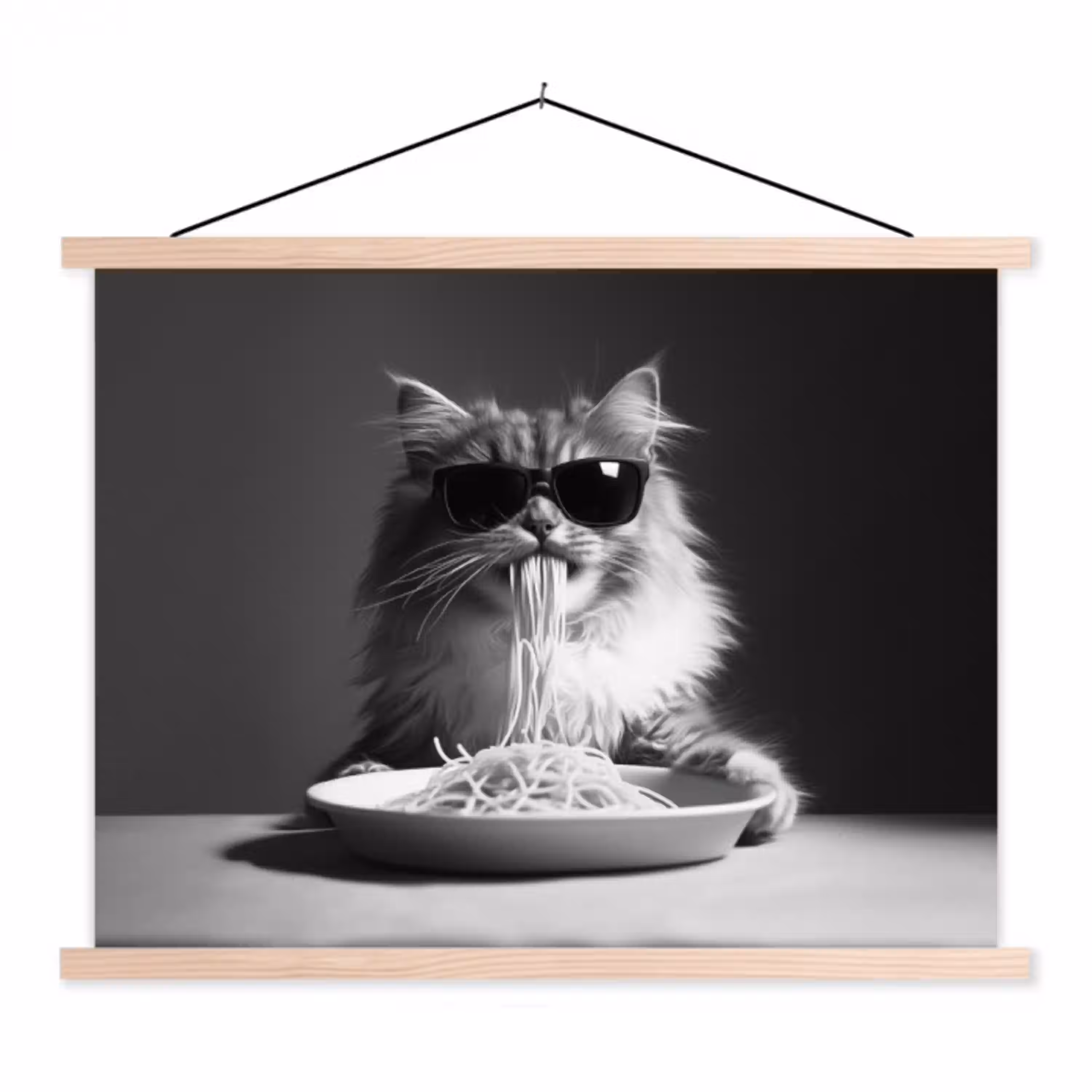 Langharige kat - Zonnebril - Spaghetti - Humor - Zwart - wit textielposter latten blank klein -3d