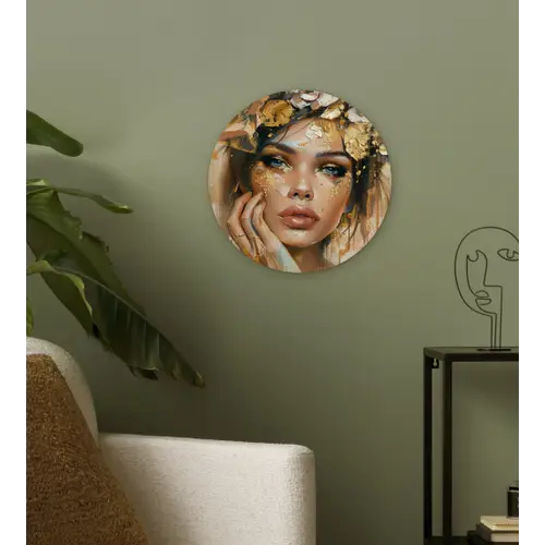 Vrouw - Bloemen  - Goud - Portret Wandcirkel kunststof plaat 5mm dik klein -sfeer3