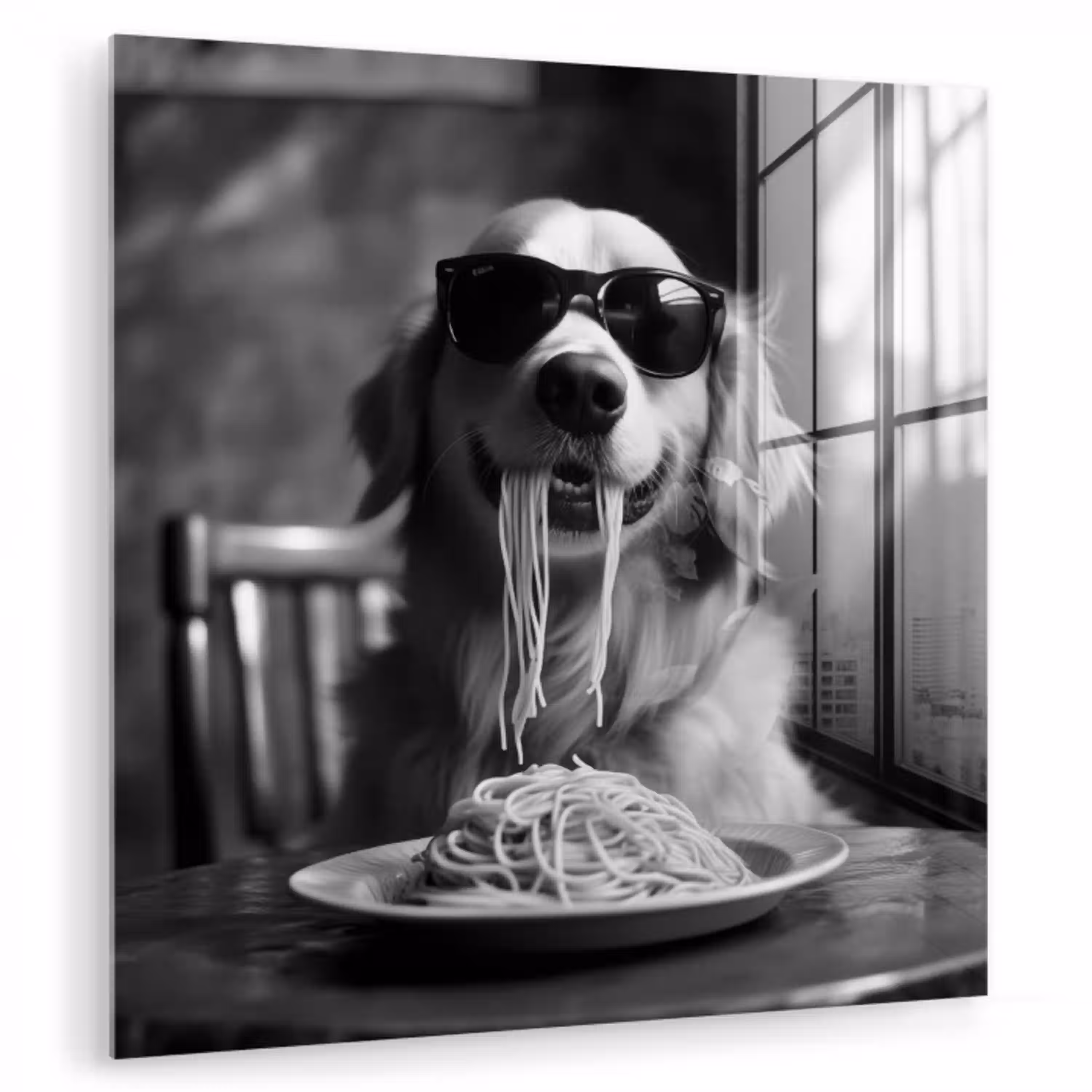 Golden Retriever - Hond - Vrolijk -  Bord spaghetti - Zwart - wit plexiglas 5mm klein -zzzproduct_nieuw