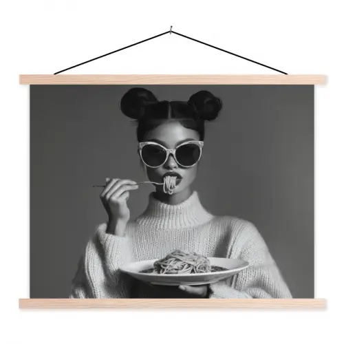 Vrouw - Pasta - Zonnebril textielposter latten blank klein -3d